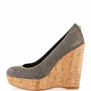 Stuart Weitzman "Corkswoon" Pyrite Cork Wedges Silver and Cork Size 6 with Box